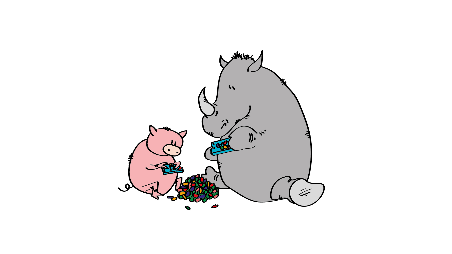 Illustration d'un rhinocéros et d'un cochon qui mangent des bonbons